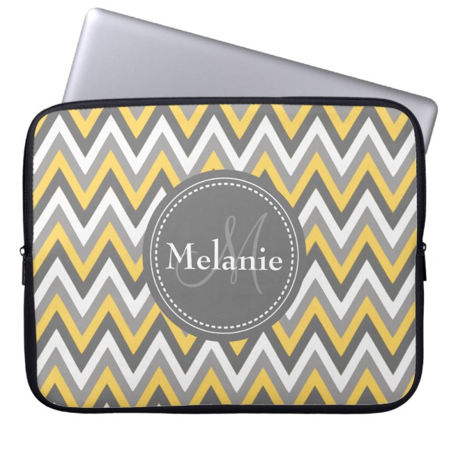 Monogrammed Yellow & Grey Chevron Pattern Laptop Sleeve (Front)