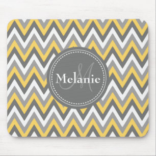Monogrammed Yellow & Grey Chevron Pattern Mouse Mat