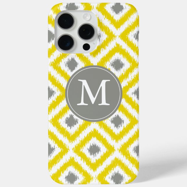 Monogrammed Yellow Grey Diamond Ikat Pattern Case-Mate iPhone Case (Back)