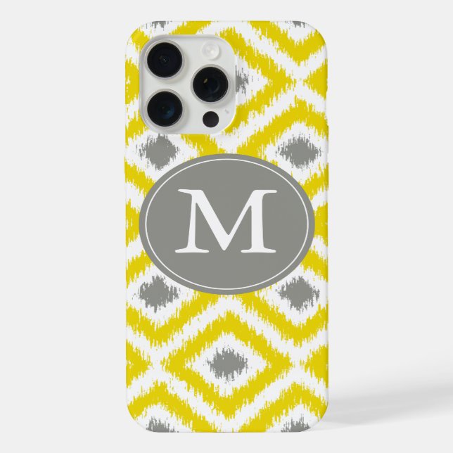 Monogrammed Yellow Grey Diamond Ikat Pattern iPhone Case (Back)