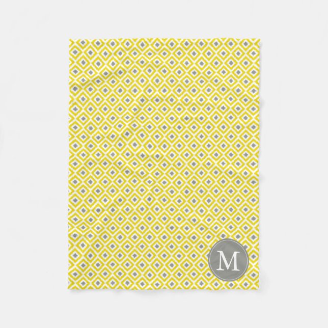 Monogrammed Yellow Grey Diamonds Ikat Pattern Fleece Blanket (Front)