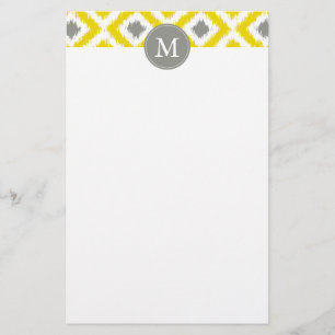 Monogrammed Yellow Grey Diamonds Ikat Pattern Stationery