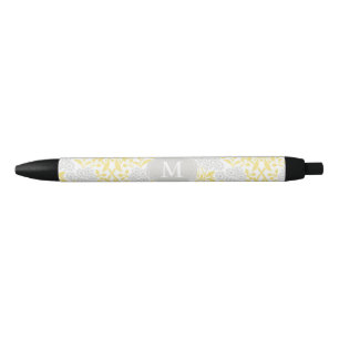 Monogrammed Yellow Grey Floral Damask Black Ink Pen