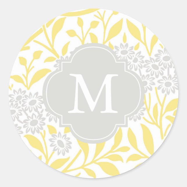 Monogrammed Yellow Grey Floral Damask Pattern Classic Round Sticker (Front)