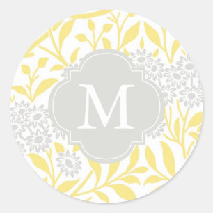 Monogrammed Yellow Grey Floral Damask Pattern Classic Round Sticker