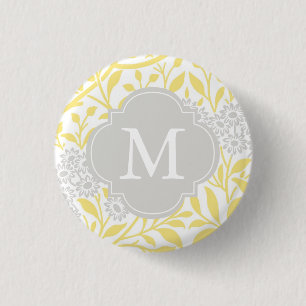 Monogrammed Yellow Grey Floral Pattern 3 Cm Round Badge