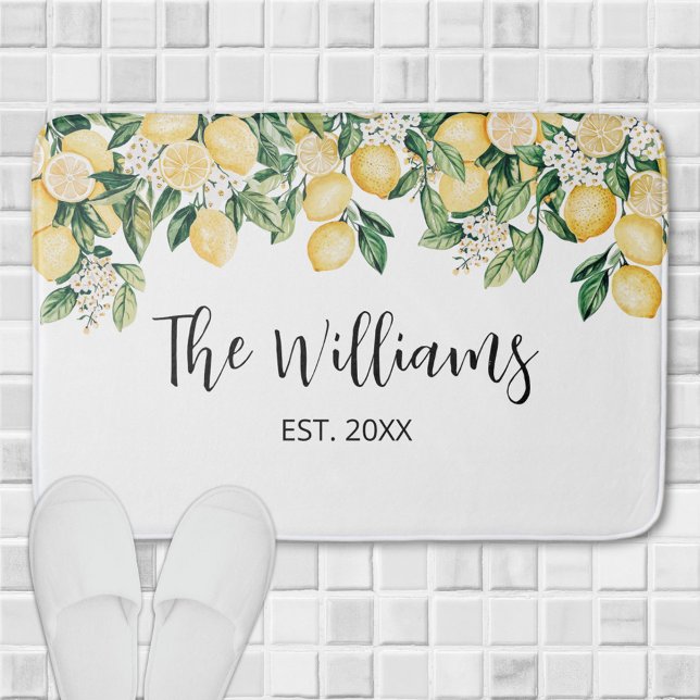Monogrammed Yellow Lemon Tree Bath Mat (In situ)