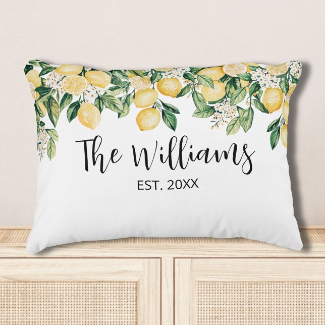 Monogrammed Yellow Lemon Tree Decorative Cushion (In situ)