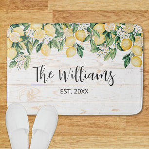 Monogrammed Yellow Lemon Tree White Wood Bath Mat