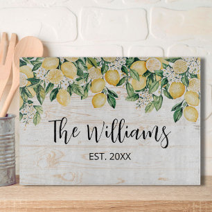 Monogrammed Yellow Lemon Tree White Wood Cutting Board