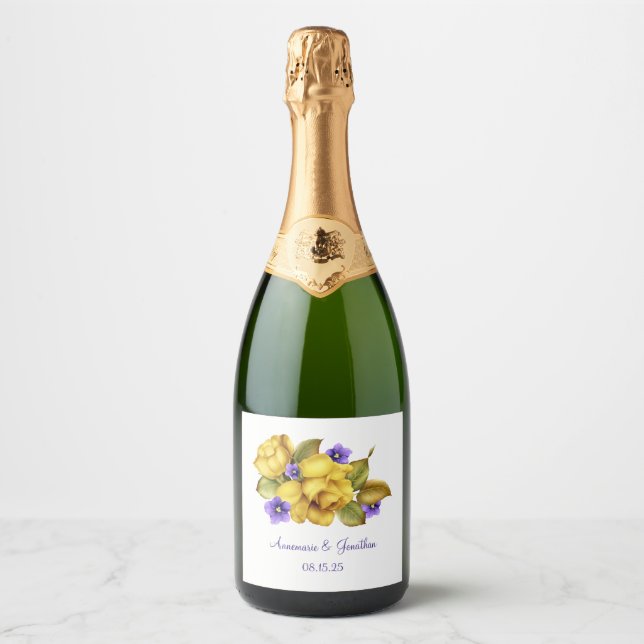Monogrammed Yellow Roses and Purple Violets  Sparkling Wine Label (Front)