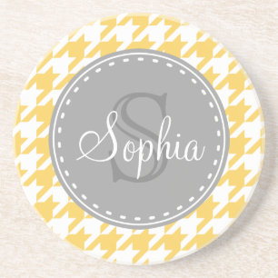 Monogrammed Yellow White Houndstooth Pattern Coaster