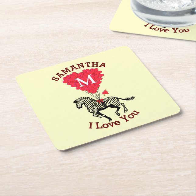 Monogrammed zebra and red heart personalised square paper coaster (Angled)