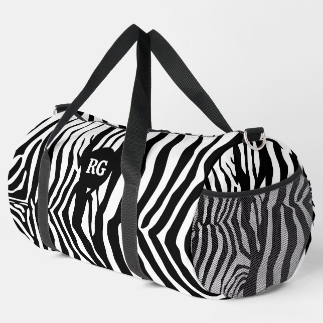 Monogrammed Zebra Black and White Pattern Duffle Bag (Right Corner)