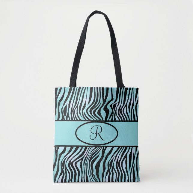 Monogrammed Zebra Stripe Turquoise Teal and Black Tote Bag (Front)