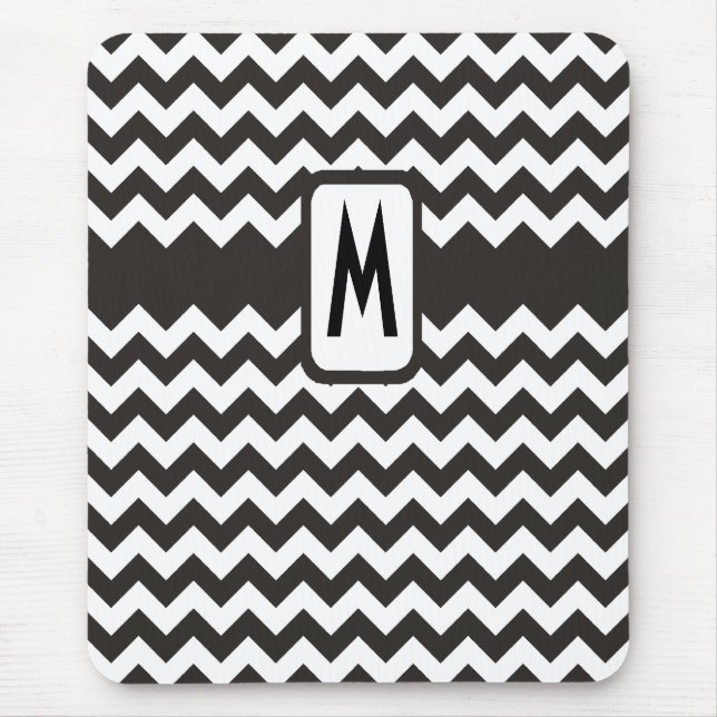 Monogrammed Zigzag Mousepad: Black, White Chevrons Mouse Mat (Front)