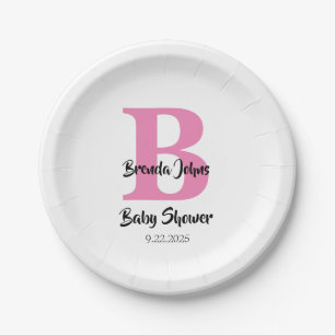 Monograms Baby Shower Pink White Cute Elegant Paper Plate