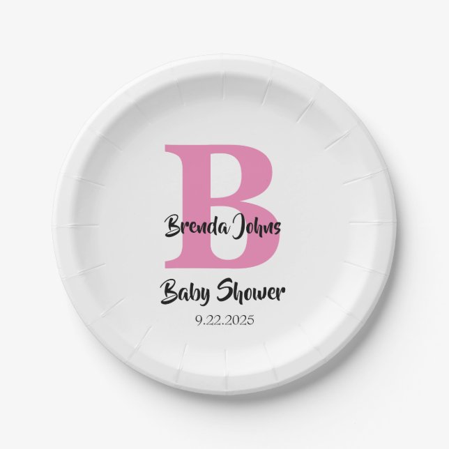 Monograms Baby Shower Pink White Cute Elegant Paper Plate (Front)