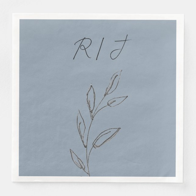 Monograms Black White Leaves Dusty Blue Wedding Napkin (Front)