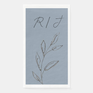 Monograms Black White Leaves Dusty Blue Wedding Napkin