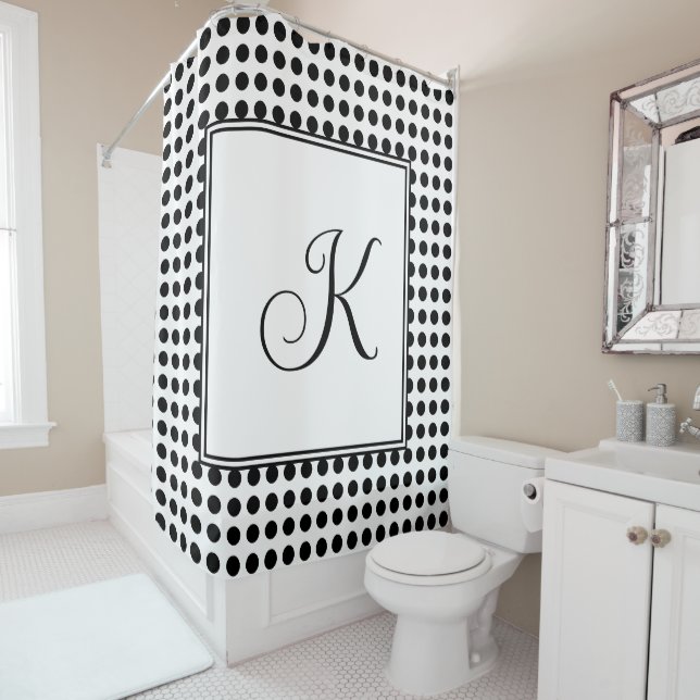 Monograms Black White Polka Dots Modern Classy Shower Curtain (In Situ)