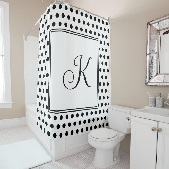 Monograms Black White Polka Dots Modern Stylish Shower Curtain (In Situ)