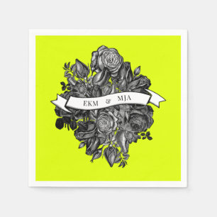 Monograms Black White Roses Lime Green Wedding Napkin