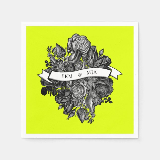 Monograms Black White Roses Lime Green Wedding Napkin (Front)