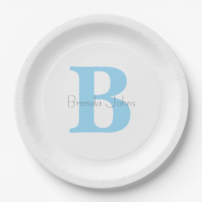 Monograms Blue Birthday Baby Showers Custom Name  Paper Plate (Front)