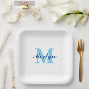Monograms Blue Birthdays Baby Showers Elegant Paper Plate