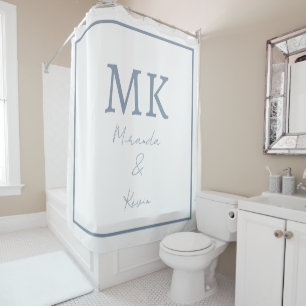 Monograms Dusty Blue White Modern Minimal Trendy Shower Curtain