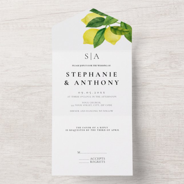 Monograms Lemon Branch Greenery Wedding All In One Invitation (Inside)