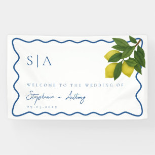 Monograms Lemon Citrus, Blue Wave Border Wedding Banner