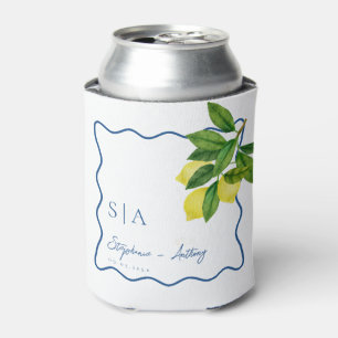 Monograms Lemon Citrus, Blue Wave Border Wedding   Can Cooler