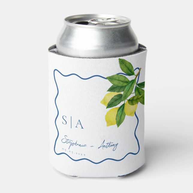 Monograms Lemon Citrus, Blue Wave Border Wedding   Can Cooler (Can Front)