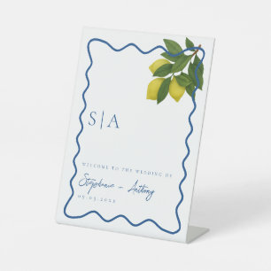 Monograms Lemon Citrus, Blue Wave Border Wedding Pedestal Sign