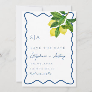 Monograms Lemon Citrus, Blue Wave Border Wedding   Save The Date