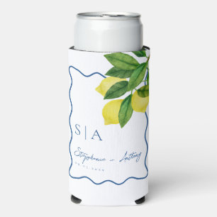 Monograms Lemon Citrus, Blue Wave Border Wedding   Seltzer Can Cooler