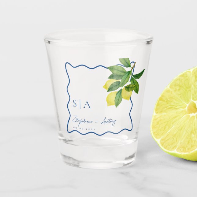 Monograms Lemon Citrus, Blue Wave Border Wedding   Shot Glass (Front)