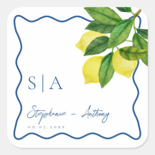Monograms Lemon Citrus, Blue Wave Border Wedding   Square Sticker