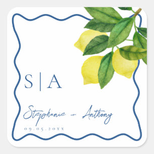 Monograms Lemon Citrus, Blue Wave Border Wedding Square Sticker
