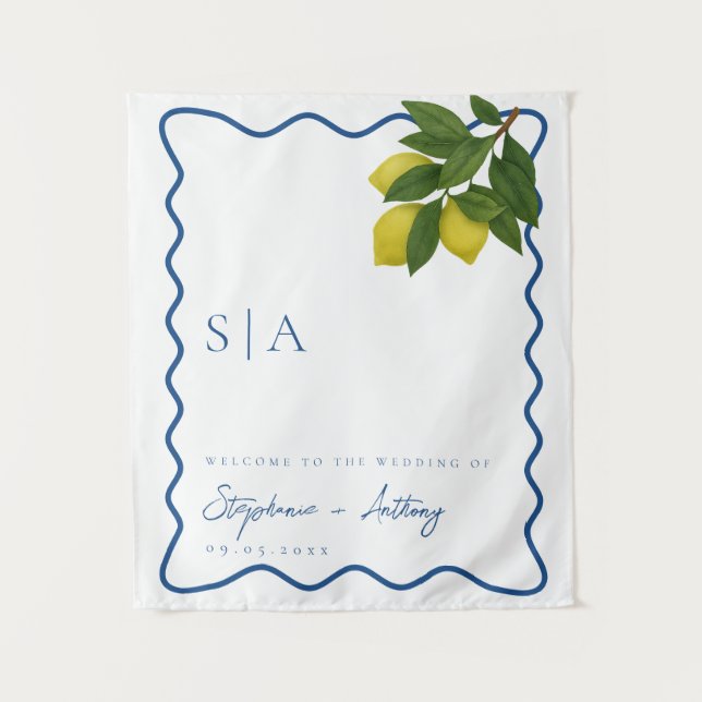 Monograms Lemon Citrus, Blue Wave Border Wedding   Tapestry (Front)