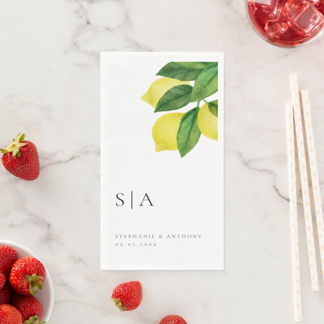 Monograms Lemon Citrus Branch Greenery Wedding  Napkin (Insitu)
