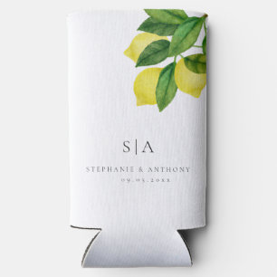Monograms Lemon Citrus Branch Greenery Wedding    Seltzer Can Cooler