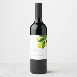 Monograms Lemon Citrus Branch Greenery Wedding  Wine Label