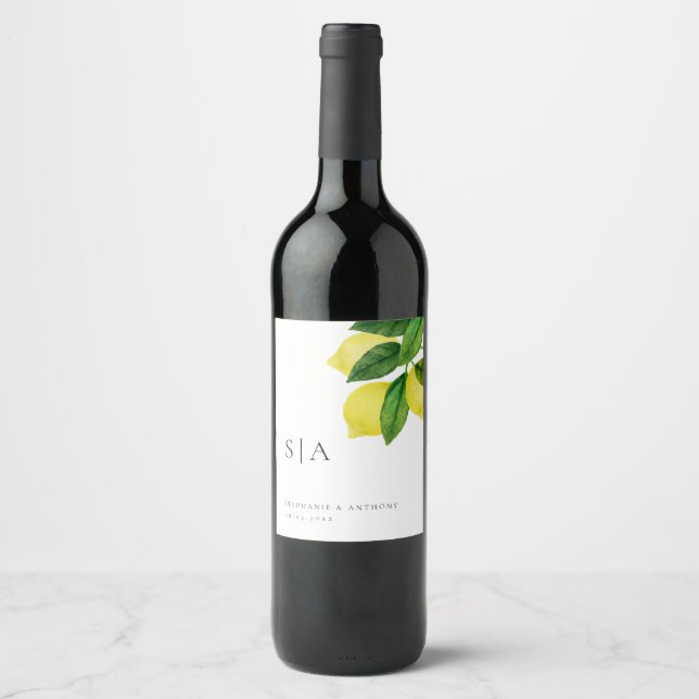 Monograms Lemon Citrus Branch Greenery Wedding  Wine Label (Front)