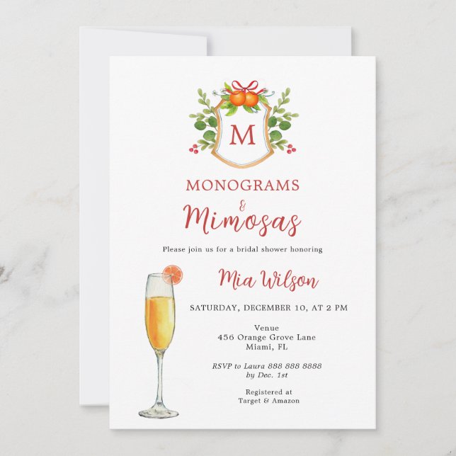 Monograms & Mimosas Christmas Bridal Shower Invitation (Front)