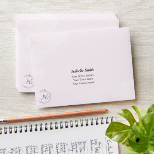 Monograms Pale Pink Grey Watercolor Lovebirds RSVP Envelope