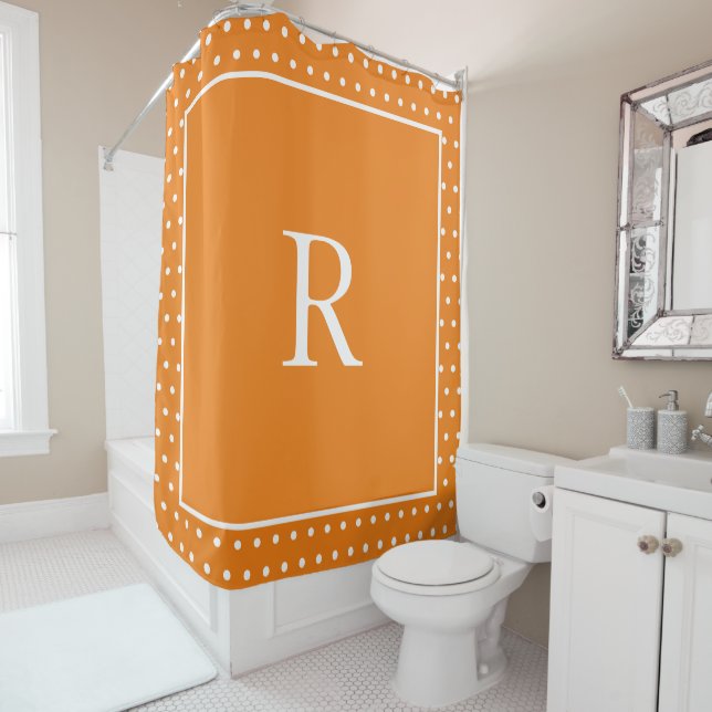 Monograms Pumpkin Orange White Polka Dots Autumn Shower Curtain (In Situ)