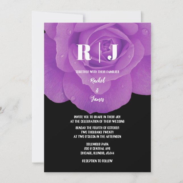 Monograms Purple Black Floral Rose Wedding Invitation (Front)